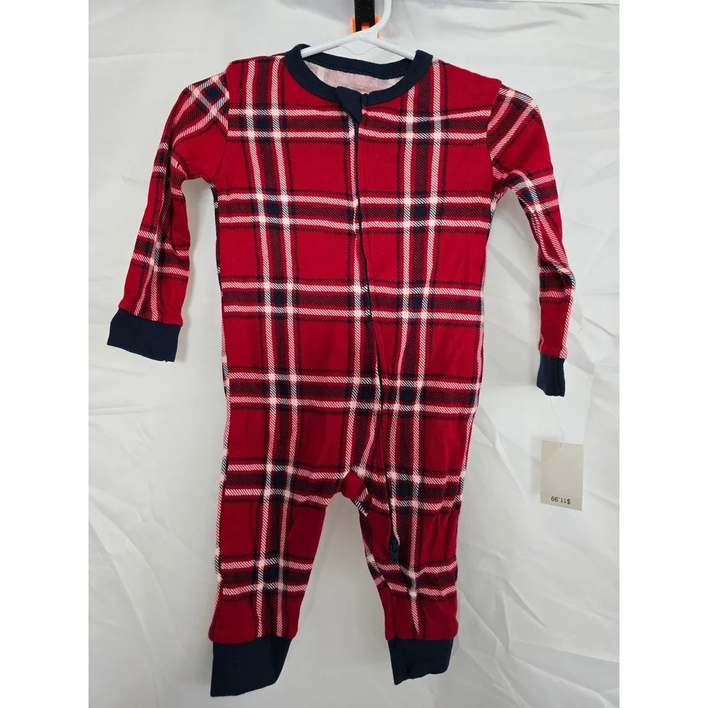Kids Red Plaid Long Sleeve Footed Pajamas‎ Sleepwear Size 3-6months